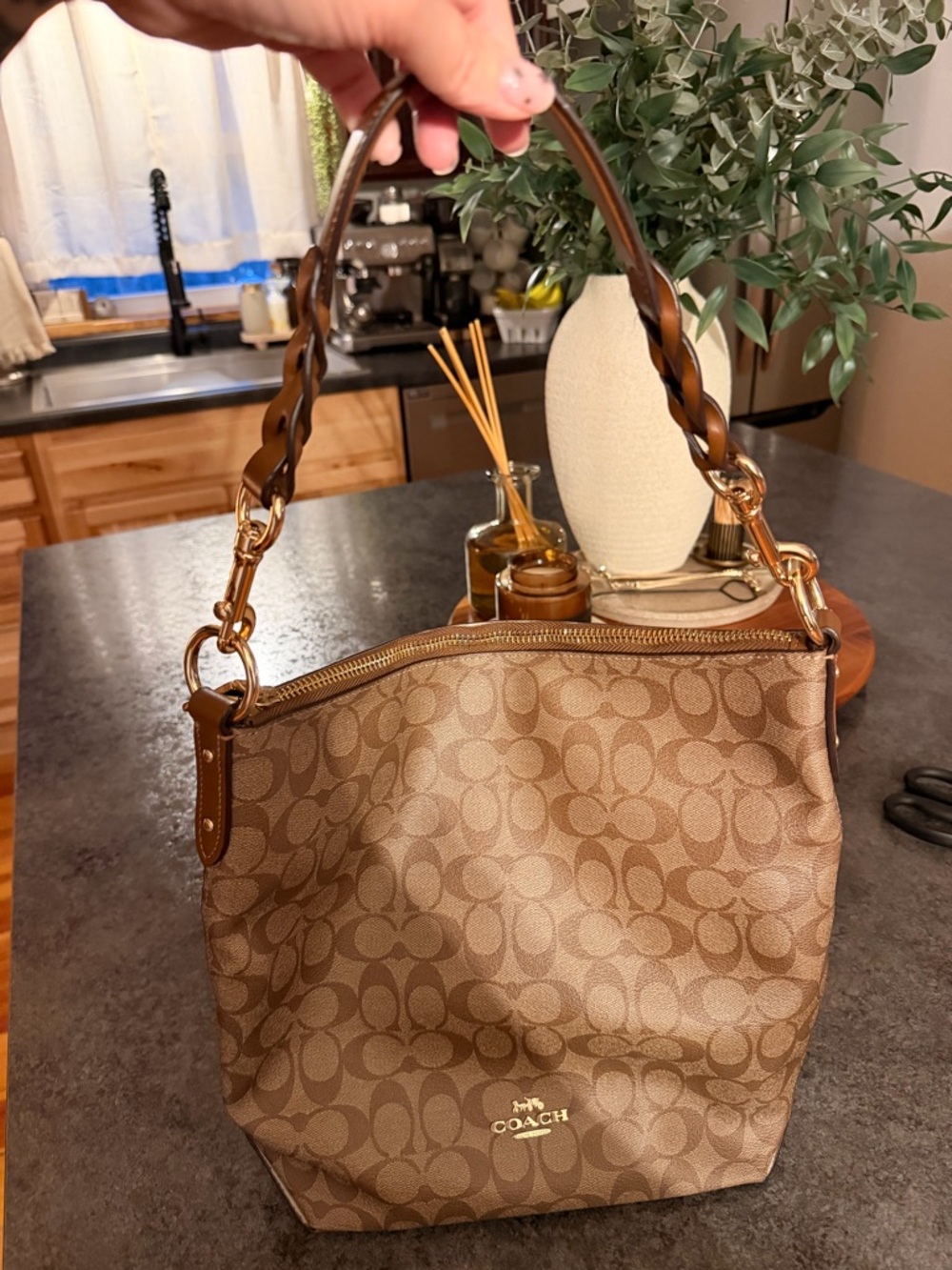 Coach Brown Signature Canvas Shoulder Bag with Braided Handle